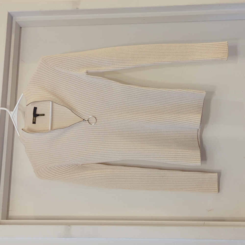 Maje Merino Wool Blend Quarter Zip Ribbed Mock Neck Sweater in Cream 1 US Small - Picture 2 of 8